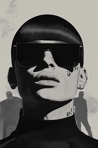 Midjourney generated image using SREF code Opaque Lenses: A black and white illustration of a man wearing sunglasses.
