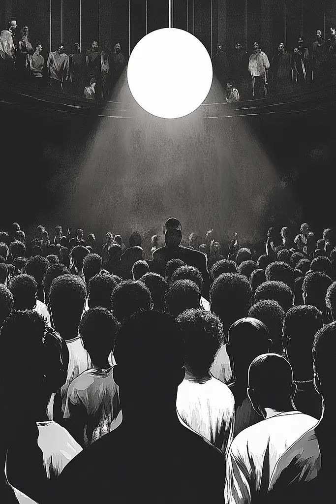 Midjourney generated image using SREF code Opaque Lenses: A crowd of people standing in front of a stage.