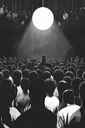 Midjourney generated image using SREF code Opaque Lenses: A crowd of people standing in front of a stage.
