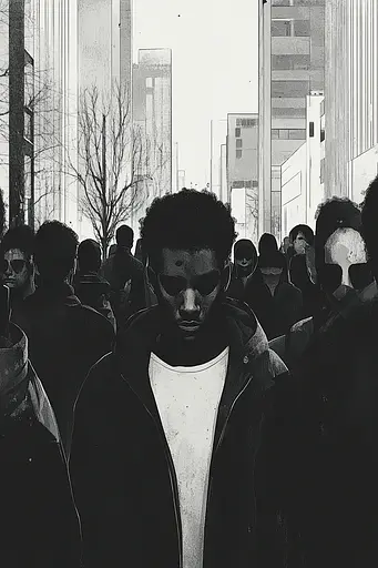 Midjourney generated image using SREF code Opaque Lenses: A black and white photo of a man standing in front of a crowd.