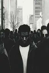 Midjourney generated image using SREF code Opaque Lenses: A black and white photo of a man standing in front of a crowd.