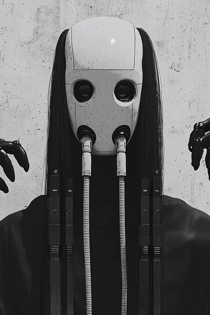 Midjourney generated image using SREF code Opaque Lenses: A black and white photo of a person wearing a mask.