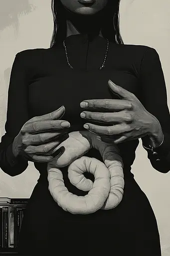 Midjourney generated image using SREF code Opaque Lenses: A black and white photo of a woman holding a snake.