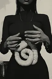 Midjourney generated image using SREF code Opaque Lenses: A black and white photo of a woman holding a snake.