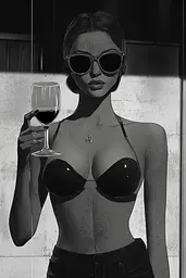 Midjourney generated image using SREF code Opaque Lenses: A woman in a bikini holding a glass of wine.