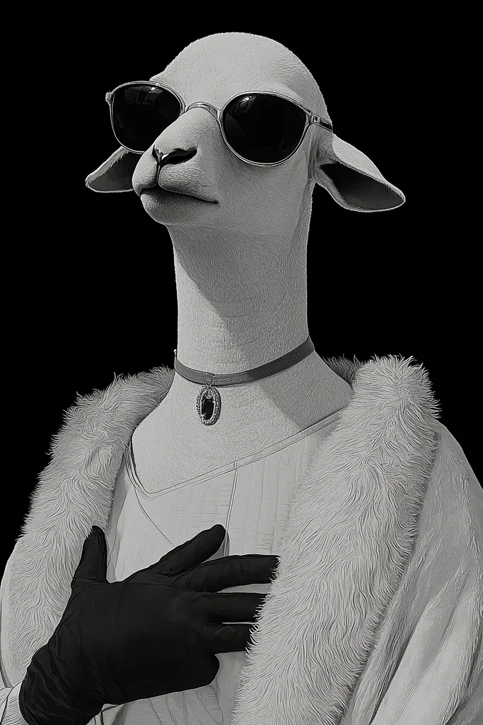 Midjourney generated image using SREF code Opaque Lenses: A black and white photo of a sheep wearing sunglasses.