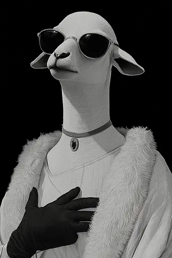 Midjourney generated image using SREF code Opaque Lenses: A black and white photo of a sheep wearing sunglasses.