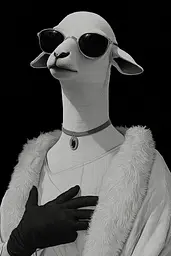Midjourney generated image using SREF code Opaque Lenses: A black and white photo of a sheep wearing sunglasses.