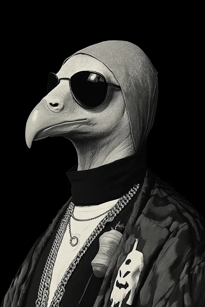 Midjourney generated image using SREF code Opaque Lenses: A black and white photo of a bird wearing sunglasses.