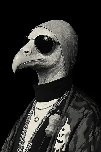 Midjourney generated image using SREF code Opaque Lenses: A black and white photo of a bird wearing sunglasses.