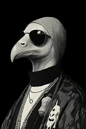 Midjourney generated image using SREF code Opaque Lenses: A black and white photo of a bird wearing sunglasses.