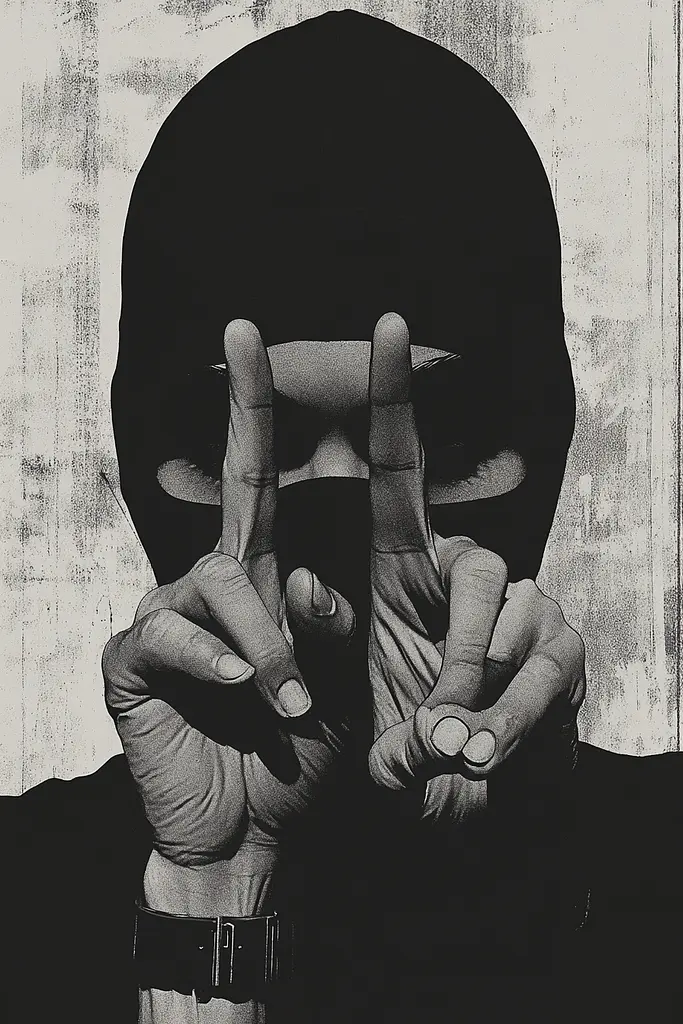 Midjourney generated image using SREF code Opaque Lenses: A man in a black hoodie making a peace sign with his hands.