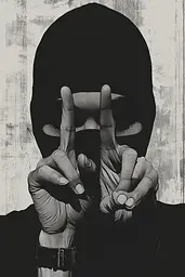 Midjourney generated image using SREF code Opaque Lenses: A man in a black hoodie making a peace sign with his hands.