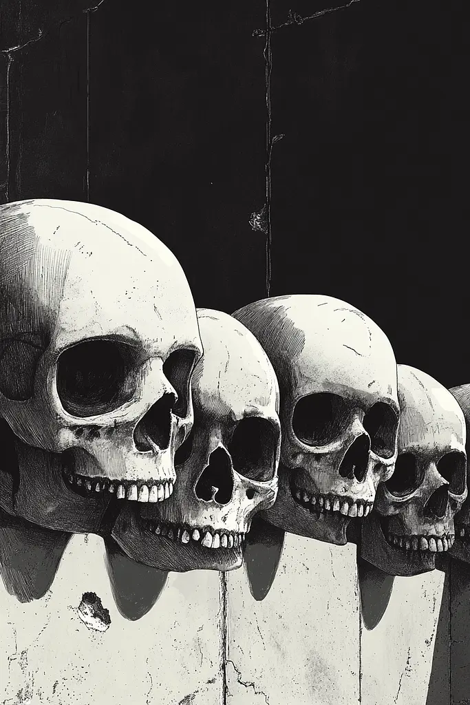 Midjourney generated image using SREF code Opaque Lenses: A row of skulls hanging on a wall.