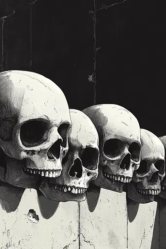 Midjourney generated image using SREF code Opaque Lenses: A row of skulls hanging on a wall.