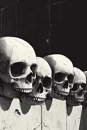 Midjourney generated image using SREF code Opaque Lenses: A row of skulls hanging on a wall.