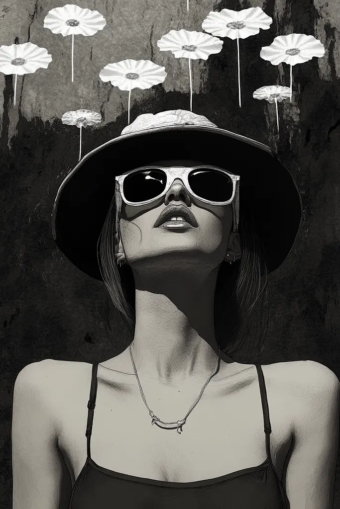 Midjourney generated image using SREF code Opaque Lenses: A woman wearing a hat and sunglasses with flowers flying around her.