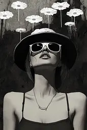 Midjourney generated image using SREF code Opaque Lenses: A woman wearing a hat and sunglasses with flowers flying around her.