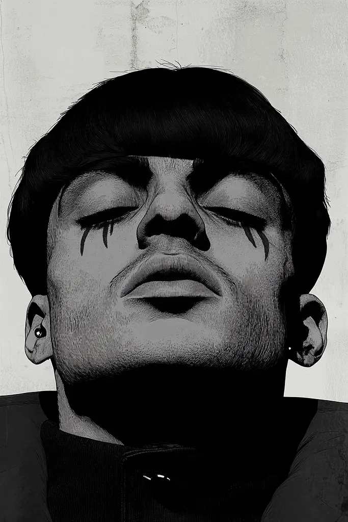Midjourney generated image using SREF code Opaque Lenses: A black and white photo of a man with his eyes closed.
