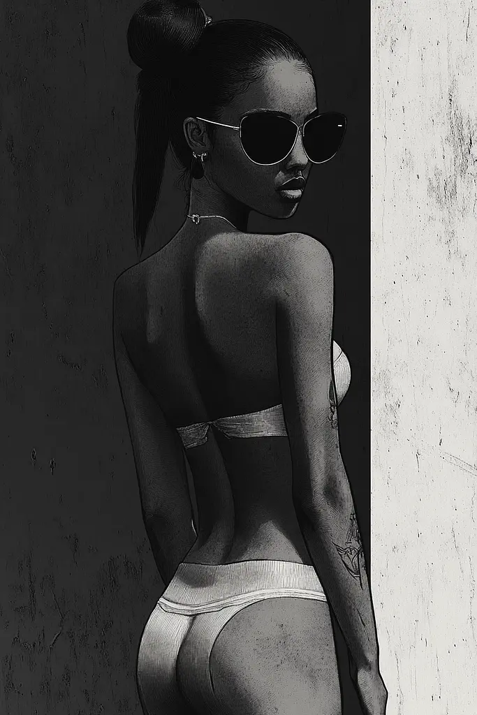 Midjourney generated image using SREF code Opaque Lenses: A black and white photo of a woman wearing sunglasses.