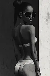 Midjourney generated image using SREF code Opaque Lenses: A black and white photo of a woman wearing sunglasses.