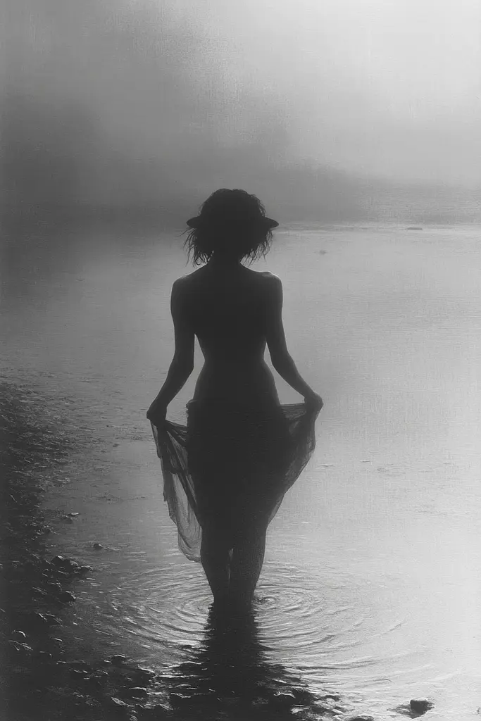 Midjourney generated image using SREF code Fogbound Aesthetics: A woman standing in the water with a veil over her head.