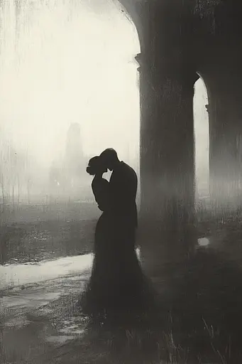 Midjourney generated image using SREF code Fogbound Aesthetics: A black and white photo of a man and woman kissing in the rain.