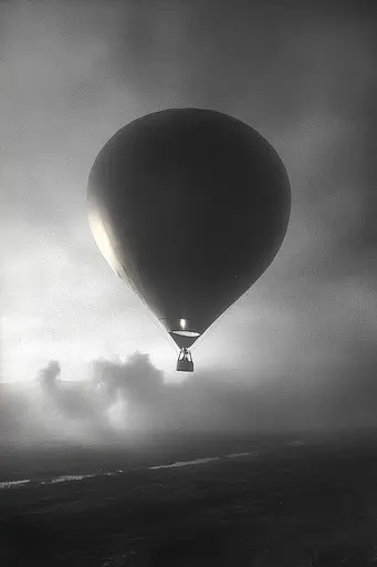 Midjourney generated image using SREF code Fogbound Aesthetics: A black and white photo of a hot air balloon flying in the sky.