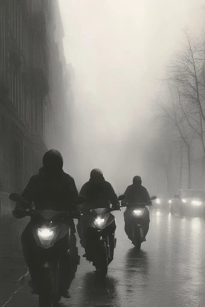 Midjourney generated image using SREF code Fogbound Aesthetics: A group of people riding motorcycles down a street in the fog.