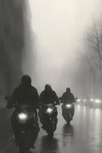 Midjourney generated image using SREF code Fogbound Aesthetics: A group of people riding motorcycles down a street in the fog.