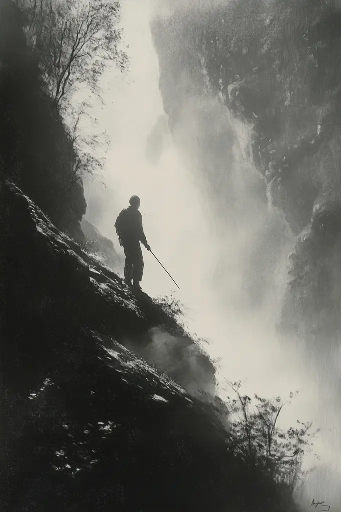 Midjourney generated image using SREF code Fogbound Aesthetics: A man standing on top of a mountain next to a waterfall.