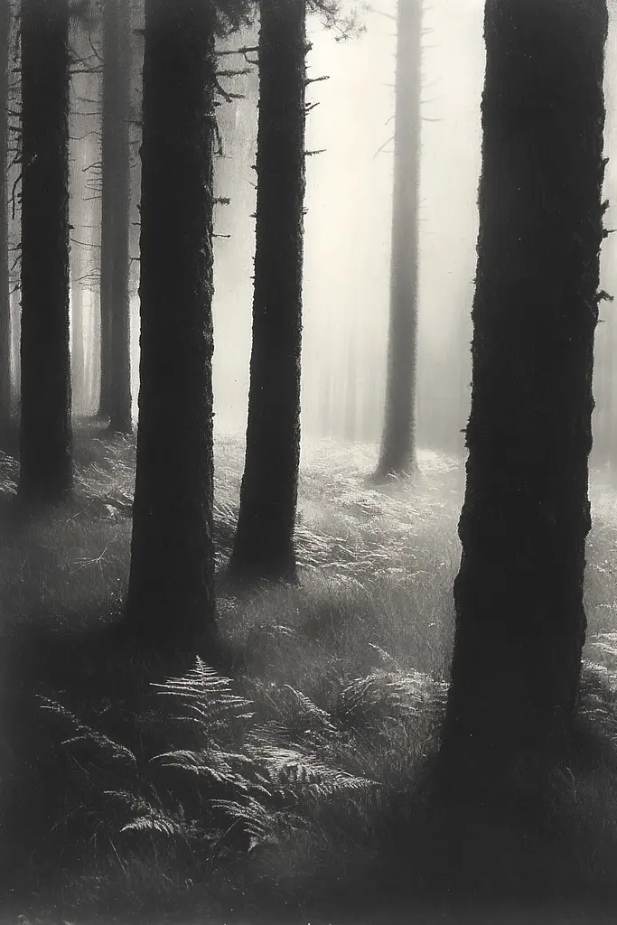 Midjourney generated image using SREF code Fogbound Aesthetics: A black and white photo of trees in a foggy forest.