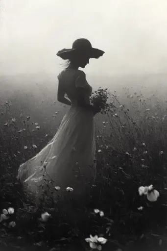 Midjourney generated image using SREF code Fogbound Aesthetics: A woman in a white dress and hat standing in a field of flowers.