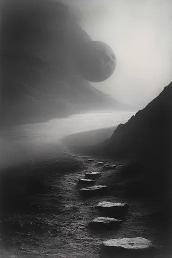 Midjourney generated image using SREF code Fogbound Aesthetics: A black and white photo of stepping stones in the ocean.