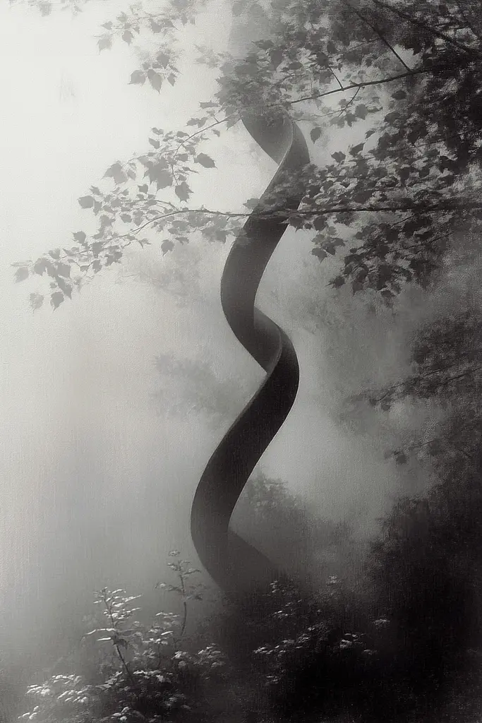 Midjourney generated image using SREF code Fogbound Aesthetics: A black and white photo of a winding tree in the fog.