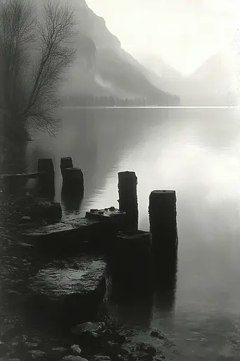 Midjourney generated image using SREF code Fogbound Aesthetics: A black and white photo of a body of water.