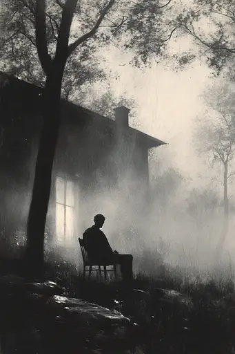 Midjourney generated image using SREF code Fogbound Aesthetics: A man sitting on a bench in front of a house.