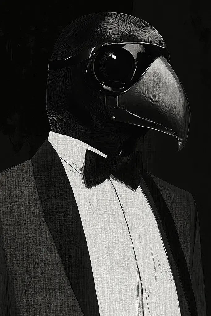 Midjourney generated image using SREF code Opaque Lenses: A black and white drawing of a bird wearing a tuxedo.