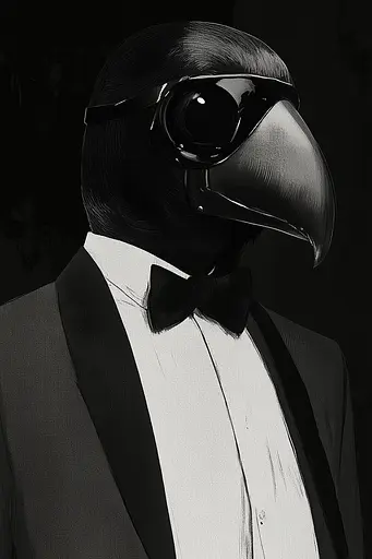 Midjourney generated image using SREF code Opaque Lenses: A black and white drawing of a bird wearing a tuxedo.