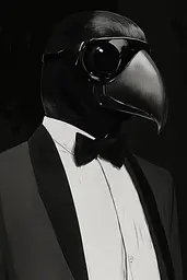 Midjourney generated image using SREF code Opaque Lenses: A black and white drawing of a bird wearing a tuxedo.