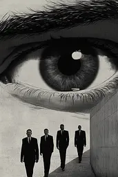 Midjourney generated image using SREF code Opaque Lenses: A group of men in suits walking down a hallway.