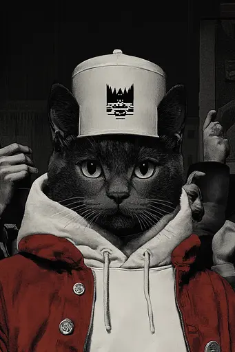 Midjourney generated image using SREF code Opaque Lenses: A black cat wearing a white hat and a red jacket.