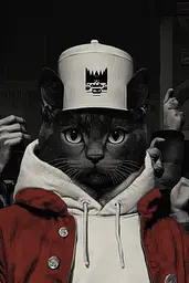 Midjourney generated image using SREF code Opaque Lenses: A black cat wearing a white hat and a red jacket.