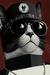 Midjourney generated image using SREF code Opaque Lenses: A black and white cat wearing a hat and sunglasses.