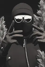 Midjourney generated image using SREF code Opaque Lenses: A man wearing a black mask and sunglasses.