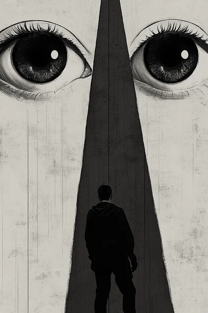 Midjourney generated image using SREF code Opaque Lenses: A man standing in front of a large eye.