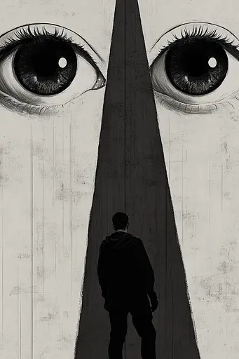 Midjourney generated image using SREF code Opaque Lenses: A man standing in front of a large eye.