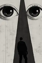 Midjourney generated image using SREF code Opaque Lenses: A man standing in front of a large eye.