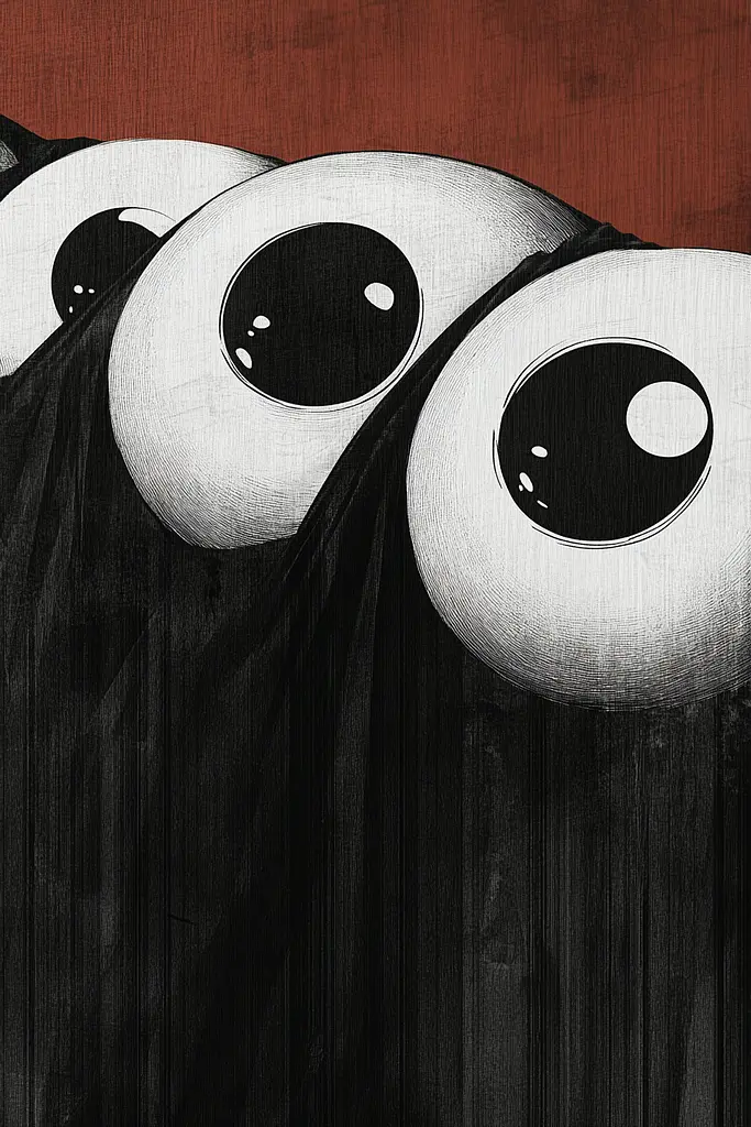 Midjourney generated image using SREF code Opaque Lenses: A black and white illustration of three eyes peeking out from behind a curtain.