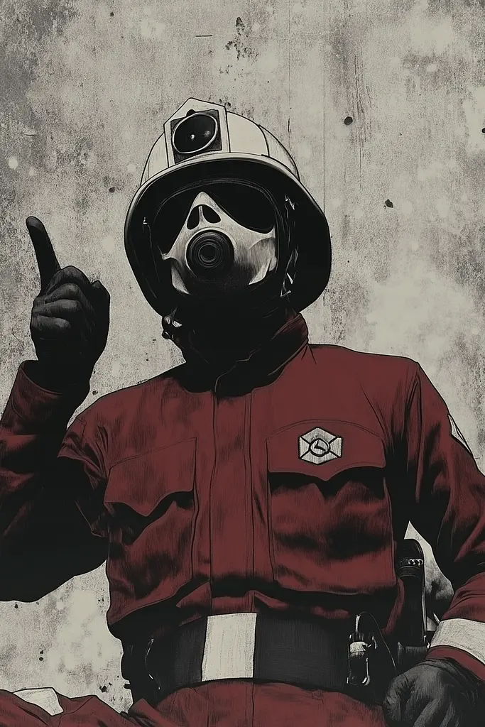 Midjourney generated image using SREF code Opaque Lenses: A man in a fireman's uniform with a gas mask on.